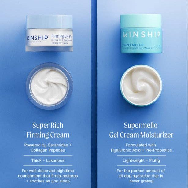 Two skincare products, Super Rich Firming Cream and Supermello Gel Cream Moisturizer, by KINSHIP on a blue background.