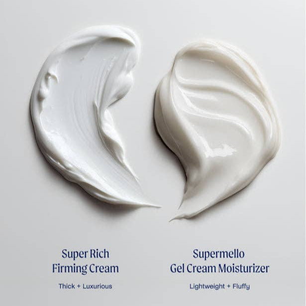 Two swatches of cream labeled &
