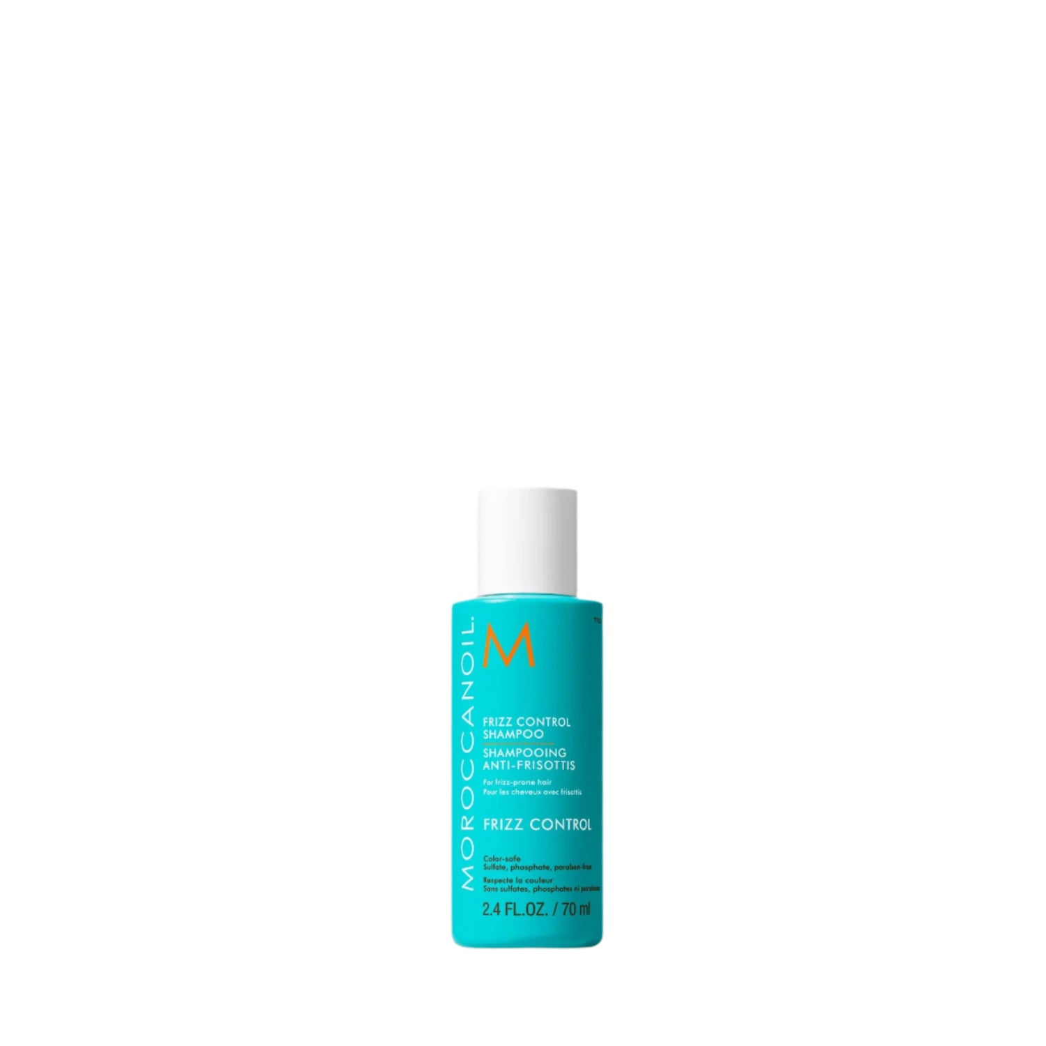 Blue bottle of Moroccanoil product on a light beige background