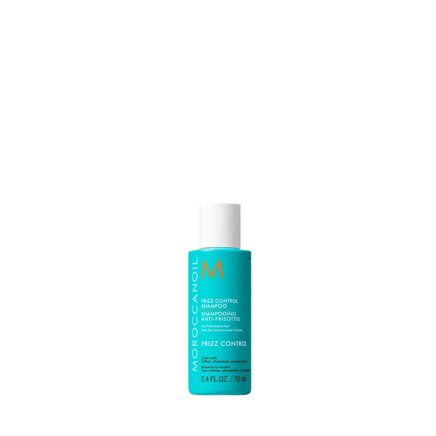 Blue bottle of Moroccanoil product on a light beige background