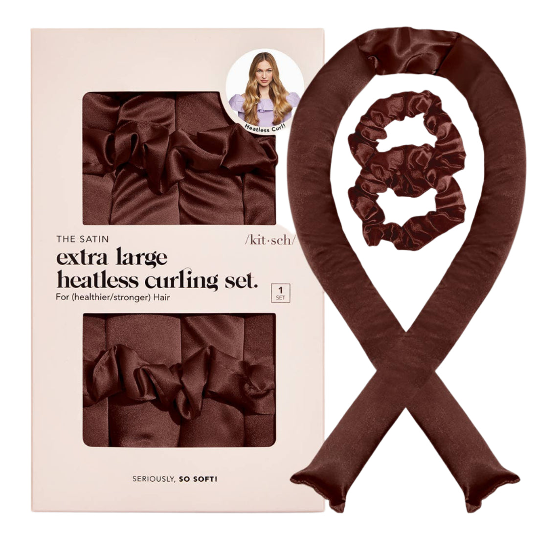 Brown satin hair set with packaging on a light gray background