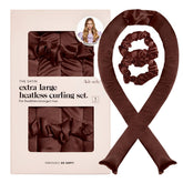 Brown satin hair set with packaging on a light gray background