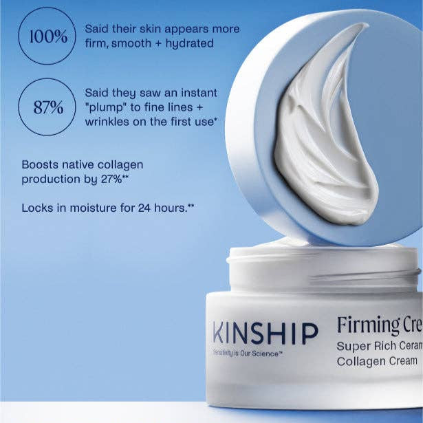 Kinship Firming Cream jar with cream being scooped out against a blue background
