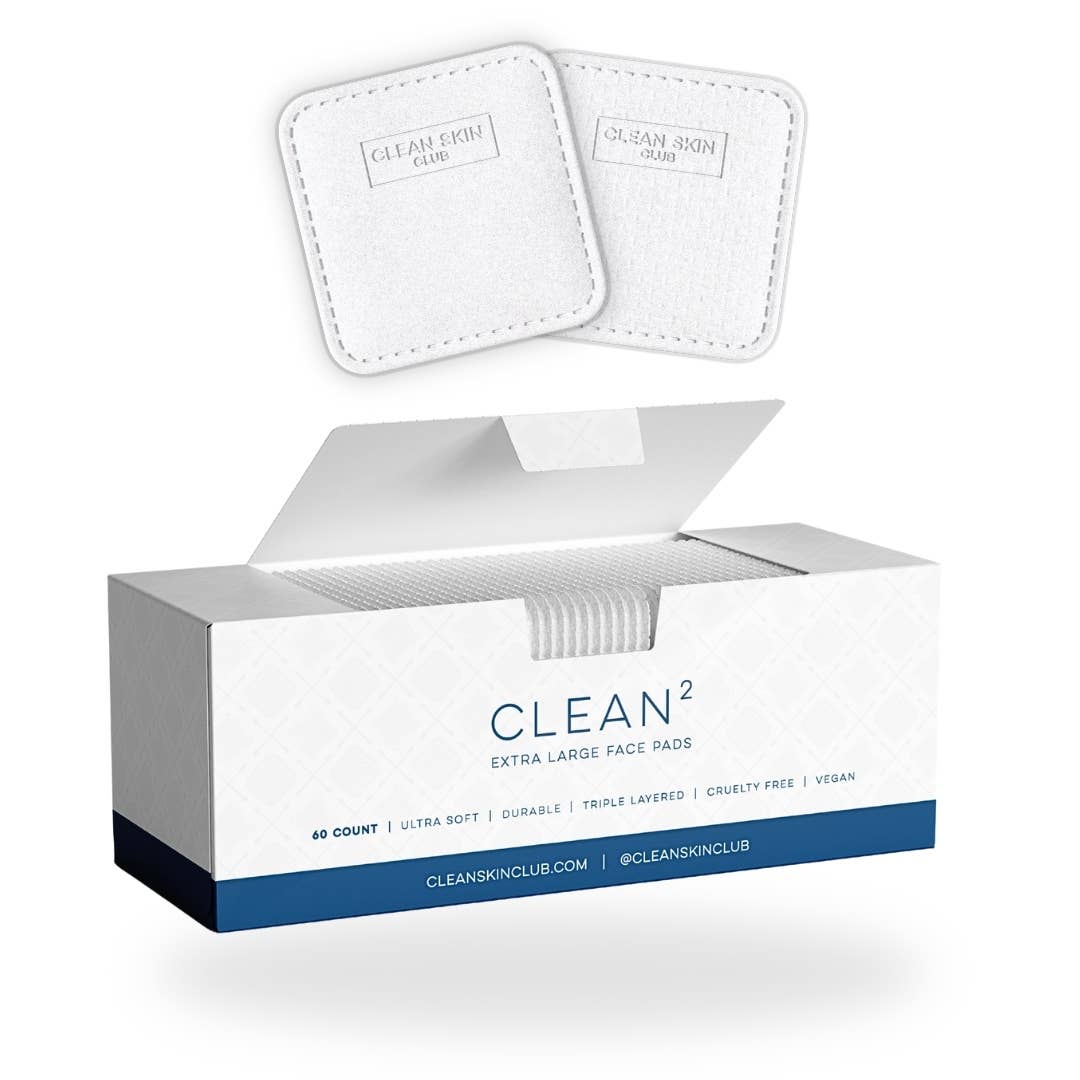 Box of Clean Skin Club extra large face pads with two pads displayed above the box.