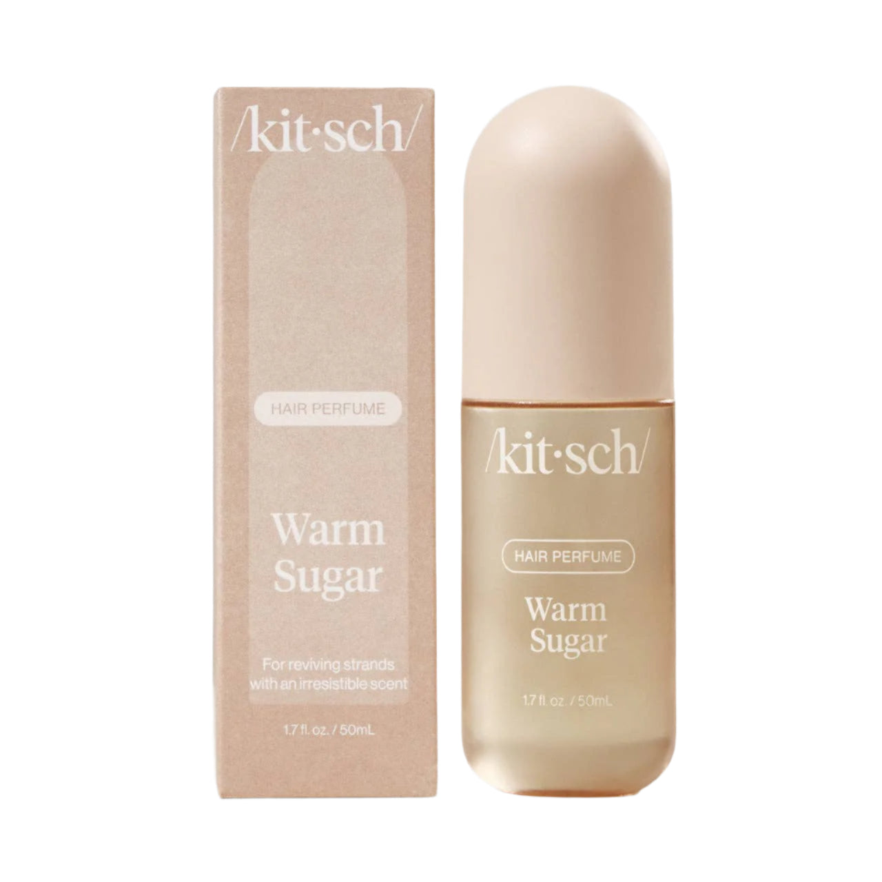 Kit-sch Warm Sugar hair perfume bottle and packaging on a white background